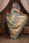 Kashi ~ Handloom Pure Tissue Silk Kora Saree in Blue Gold with PaIsley Buttis (Silk Mark Certified)