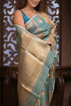 Kashi ~ Handloom Pure Tissue Silk Kora Saree in Blue Gold with PaIsley Buttis (Silk Mark Certified)