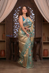 Kashi ~ Handloom Pure Tissue Silk Kora Saree in Blue Gold with PaIsley Buttis (Silk Mark Certified)