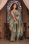 Kashi ~ Handloom Pure Tissue Silk Kora Saree in Blue Gold with PaIsley Buttis (Silk Mark Certified)