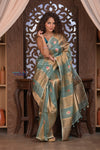 Kashi ~ Handloom Pure Tissue Silk Kora Saree in Blue Gold with PaIsley Buttis (Silk Mark Certified)