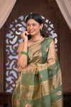 Kashi ~ Handloom Pure Tissue Silk Kora Saree in Green Gold with PaIsley Buttis (Silk Mark Certified)