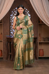Kashi ~ Handloom Pure Tissue Silk Kora Saree in Green Gold with PaIsley Buttis (Silk Mark Certified)