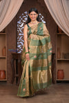 Kashi ~ Handloom Pure Tissue Silk Kora Saree in Green Gold with PaIsley Buttis (Silk Mark Certified)
