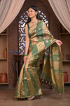 Kashi ~ Handloom Pure Tissue Silk Kora Saree in Green Gold with PaIsley Buttis (Silk Mark Certified)