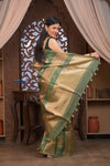 Kashi ~ Handloom Pure Tissue Silk Kora Saree in Green Gold with PaIsley Buttis (Silk Mark Certified)