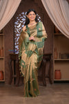 Kashi ~ Handloom Pure Tissue Silk Kora Saree in Green Gold with PaIsley Buttis (Silk Mark Certified)