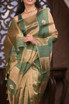 Kashi ~ Handloom Pure Tissue Silk Kora Saree in Green Gold with PaIsley Buttis (Silk Mark Certified)