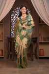 Kashi ~ Handloom Pure Tissue Silk Kora Saree in Green Gold with PaIsley Buttis (Silk Mark Certified)