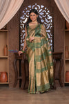 Kashi ~ Handloom Pure Tissue Silk Kora Saree in Green Gold with PaIsley Buttis (Silk Mark Certified)