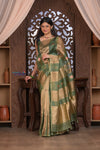 Kashi ~ Handloom Pure Tissue Silk Kora Saree in Green Gold with PaIsley Buttis (Silk Mark Certified)