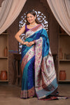 Kashi Exclusive ~ Handloom Banarasi Pure Silk Paithani Saree with Lotus Border in Azure Blue (Silk Mark Certified)