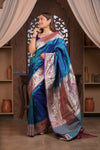 Kashi Exclusive ~ Handloom Banarasi Pure Silk Paithani Saree with Lotus Border in Azure Blue (Silk Mark Certified)