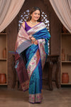 Kashi Exclusive ~ Handloom Banarasi Pure Silk Paithani Saree with Lotus Border in Azure Blue (Silk Mark Certified)