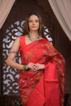 Kashi ~ Handloom Pure Silk Kora Saree in Red with Floral Hand Weaving in Red (Silk Mark Certified)