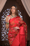Kashi ~ Handloom Pure Silk Kora Saree in Red with Floral Hand Weaving in Red (Silk Mark Certified)