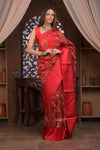 Kashi ~ Handloom Pure Silk Kora Saree in Red with Floral Hand Weaving in Red (Silk Mark Certified)