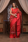 Kashi ~ Handloom Pure Silk Kora Saree in Red with Floral Hand Weaving in Red (Silk Mark Certified)