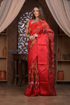 Kashi ~ Handloom Pure Silk Kora Saree in Red with Floral Hand Weaving in Red (Silk Mark Certified)