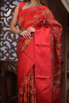 Kashi ~ Handloom Pure Silk Kora Saree in Red with Floral Hand Weaving in Red (Silk Mark Certified)