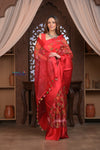 Kashi ~ Handloom Pure Silk Kora Saree in Red with Floral Hand Weaving in Red (Silk Mark Certified)