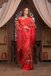 Kashi ~ Handloom Pure Silk Kora Saree in Red with Floral Hand Weaving in Red (Silk Mark Certified)