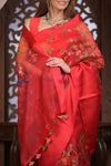 Kashi ~ Handloom Pure Silk Kora Saree in Red with Floral Hand Weaving in Red (Silk Mark Certified)