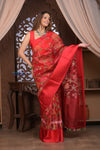Kashi ~ Handloom Pure Silk Kora Saree in Red with Floral Hand Weaving in Red (Silk Mark Certified)