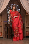 Kashi ~ Handloom Pure Silk Kora Saree in Red with Floral Hand Weaving in Red (Silk Mark Certified)