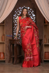 Kashi ~ Handloom Pure Silk Kora Saree in Red with Floral Hand Weaving in Red (Silk Mark Certified)