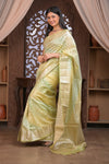 Bengal Gatha ~ Designer Chanderi Cotton Silk Saree with Circular Pattern in Champagne Yellow