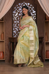 Bengal Gatha ~ Designer Chanderi Cotton Silk Saree with Circular Pattern in Champagne Yellow