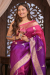 Kashi ~ Handloom Pure Silk Organza Saree in Pink and Purple with PaIsley Buttis (Silk Mark Certified)