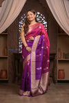 Kashi ~ Handloom Pure Silk Organza Saree in Pink and Purple with PaIsley Buttis (Silk Mark Certified)
