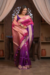 Kashi ~ Handloom Pure Silk Organza Saree in Pink and Purple with PaIsley Buttis (Silk Mark Certified)
