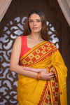 Bengal Gatha ~ Handloom Tussar Silk Saree with Handwoven Kantha Work in Mustard Yellow and Red