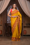 Bengal Gatha ~ Handloom Tussar Silk Saree with Handwoven Kantha Work in Mustard Yellow and Red