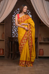 Bengal Gatha ~ Handloom Tussar Silk Saree with Handwoven Kantha Work in Mustard Yellow and Red