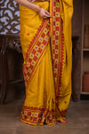 Bengal Gatha ~ Handloom Tussar Silk Saree with Handwoven Kantha Work in Mustard Yellow and Red