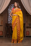 Bengal Gatha ~ Handloom Tussar Silk Saree with Handwoven Kantha Work in Mustard Yellow and Red