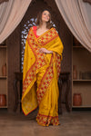 Bengal Gatha ~ Handloom Tussar Silk Saree with Handwoven Kantha Work in Mustard Yellow and Red