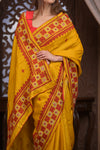 Bengal Gatha ~ Handloom Tussar Silk Saree with Handwoven Kantha Work in Mustard Yellow and Red
