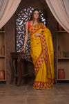 Bengal Gatha ~ Handloom Tussar Silk Saree with Handwoven Kantha Work in Mustard Yellow and Red