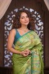 Bengal Gatha ~ Handloom Tussar Silk Saree with Handpainted and Handwoven Butterfly Pallu in Grass Green