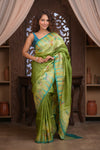 Bengal Gatha ~ Handloom Tussar Silk Saree with Handpainted and Handwoven Butterfly Pallu in Grass Green