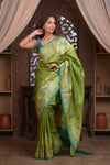 Bengal Gatha ~ Handloom Tussar Silk Saree with Handpainted and Handwoven Butterfly Pallu in Grass Green