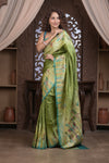 Bengal Gatha ~ Handloom Tussar Silk Saree with Handpainted and Handwoven Butterfly Pallu in Grass Green