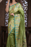 Bengal Gatha ~ Handloom Tussar Silk Saree with Handpainted and Handwoven Butterfly Pallu in Grass Green