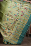 Bengal Gatha ~ Handloom Tussar Silk Saree with Handpainted and Handwoven Butterfly Pallu in Grass Green