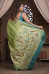 Bengal Gatha ~ Handloom Tussar Silk Saree with Handpainted and Handwoven Butterfly Pallu in Grass Green